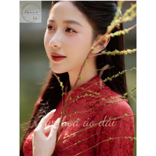 Áo dài cách tân nữ thiết kế 2 tà cách điệu trẻ trung phối màu đỏ đô hoạ tiết hoa siêu xinh