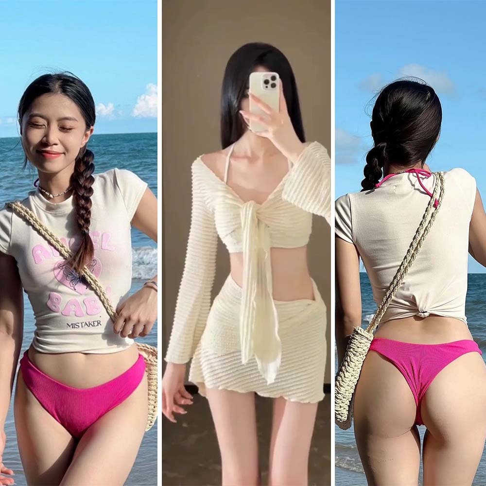 Set bộ nữ đi biển bikini phối chân váy Freesize trắng đen Rin Store