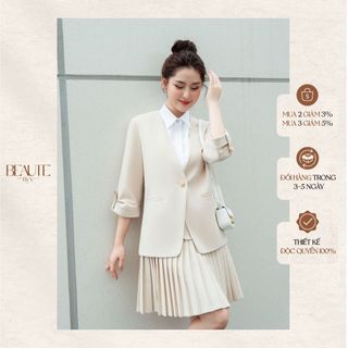 Beautebyv - áo blazer nữ không cổ tay nhún lửng bruce