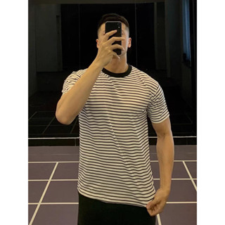 Áo thun nam phối kẻ sọc ngang áo phông nam kẻ sọc ngang kiểu dáng ôm body vải cotton co giãn thoải mái