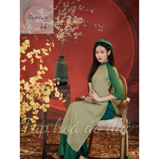 Áo dài cách tân nữ thiết kế 4 tà cách điệu trẻ trung phối màu xanh lá tôn da, siêu xinh ( không kèm mấn )