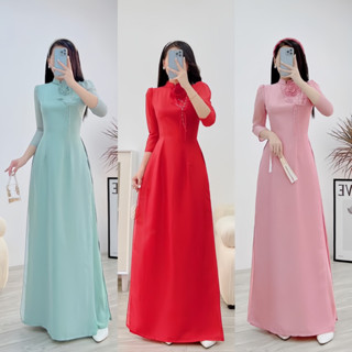Áo dài cách tân nữ thiết kế 4 tà cách điệu trẻ trung phối màu hồng ,xanh,đỏ tươi đính hoa cực xinh
