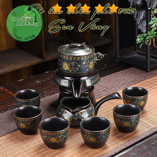 Bộ ấm chén pha trà hình cối xay họa tiết cung đình hoa sen sang trọng kèm hộp quà tặng