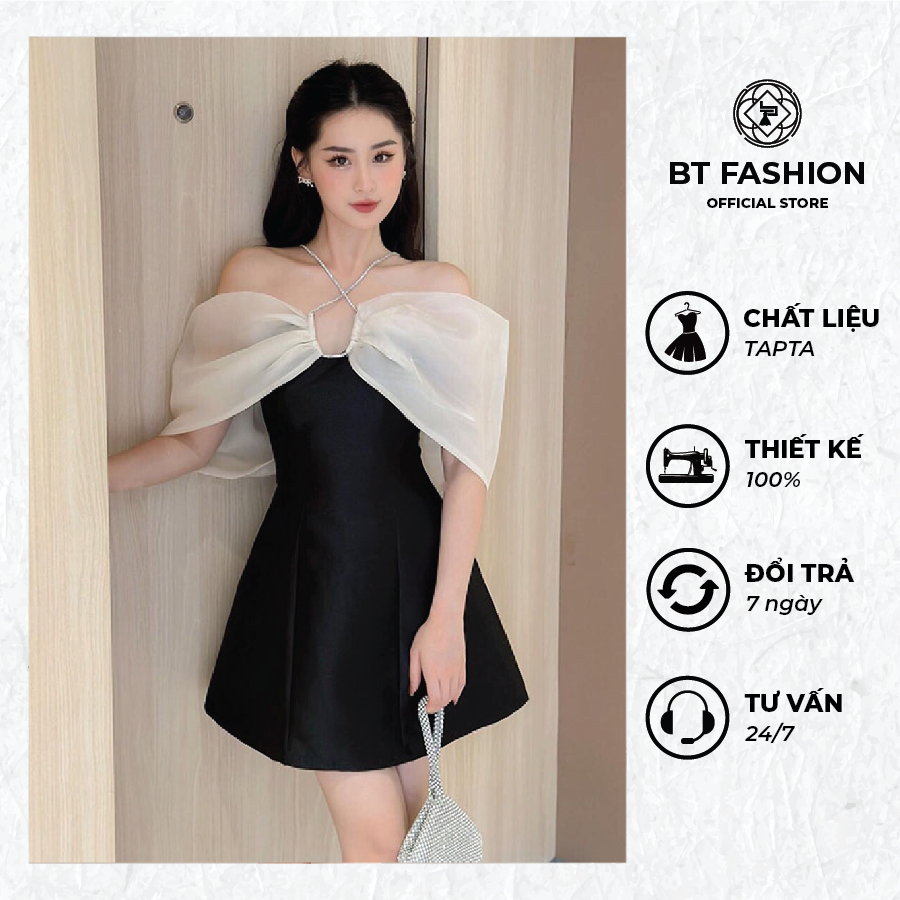 Đầm dự tiệc cổ yếm phối tay nơ bồng bềnh Zina BT301