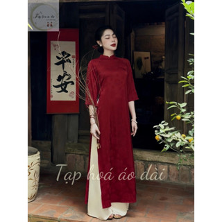 Áo dài cách tân nữ thiết kế 2 tà cách điệu trẻ trung phối màu đỏ đô , xanh dương in hình chữ thọ siêu xinh