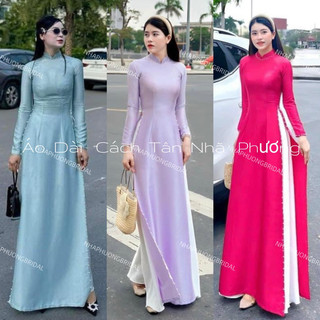 Áo Dài Lụa Vân Gỗ Dáng Truyền Thống 2 Tà Viền Hạt Cổ-Tay-Tà