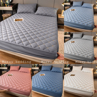 Bộ Ga Gối Trần Bông Thêu Chữ Kèm Hai Vỏ Gối Vải Phi Lụa Cao Cấp, Bo Chun Bọc Đệm Đủ Kích Thước