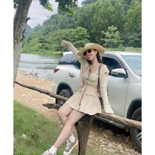 BIGSIZE HIẾU HIẾU (55-95KG) - Set 3 món nữ đi biển Áo khoác len tay dài + Áo bra 2 dây +  Chân váy xếp li dáng ngắn