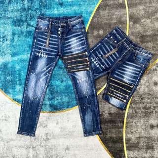 Quần Jean Nam Biker Slimfit Quần Dsq2 Xanh Rách Xước Vảy Sơn Phối 4 Khóa Zip Ngang Đùi Trái Siêu Hottrend 2024