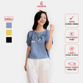 Áo phông nữ CARDINA chất liệu thô thêu cổ thuyền kiểu dáng basic nhẹ nhàng thanh lịch 4AKC01
