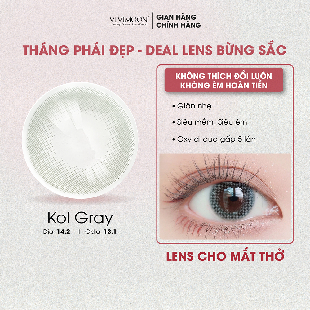 Lens cho mắt thở cận VIVIMOON 6 tháng màu xám trong Kol Gray