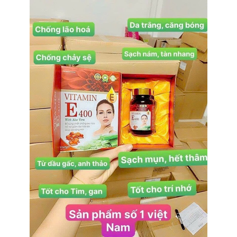 Vitamin E 400 Lô hội giúp da trẻ trung mịn màng sáng khoẻ giảm nám mờ sạm chống oxy hoá giảm lão hoá chín hãng 30 viên