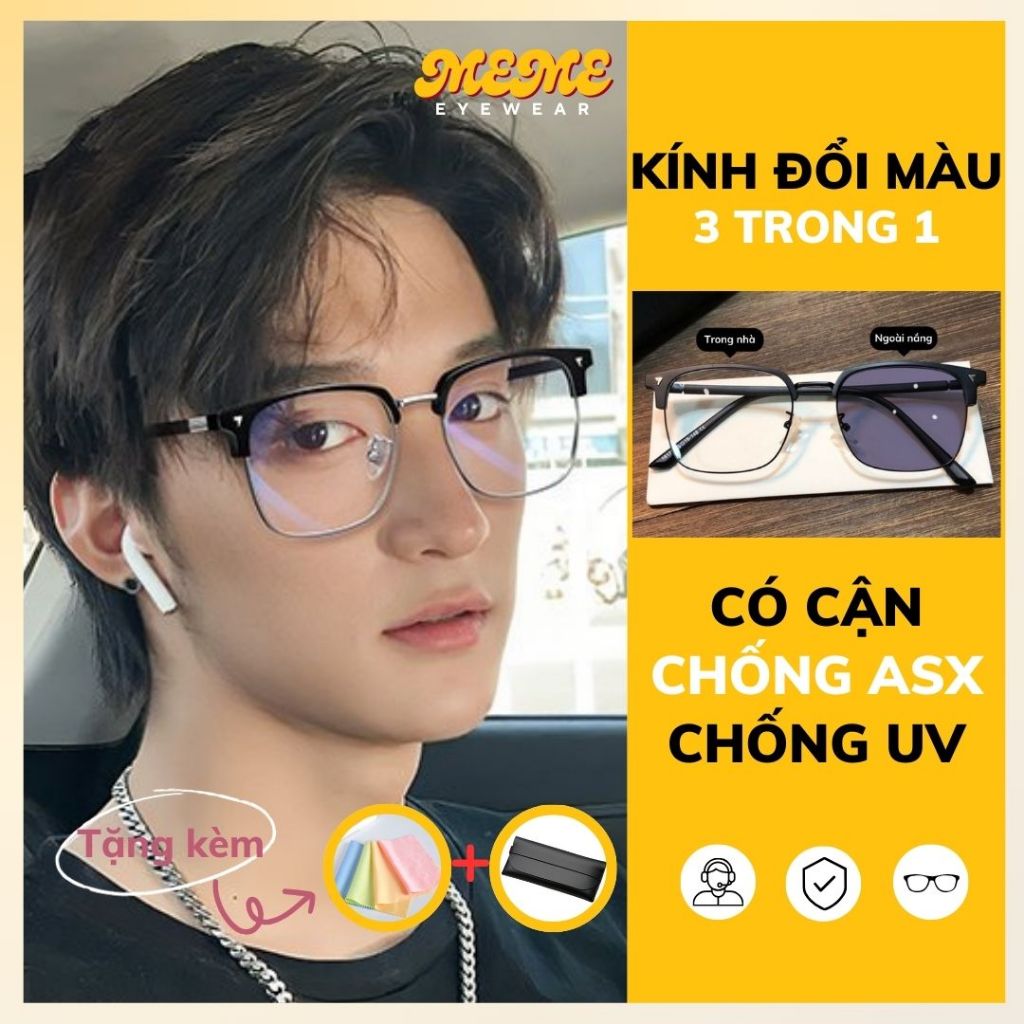 Mắt kính nam đổi màu cận chống ánh sáng xanh UV thời trang gọng nửa viền kim loại titan cao cấp hiện đại MEME Y15