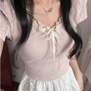 Áo croptop phối nơ màu hồng basic DELIZ, thun mềm dành cho nữ phong cách tiểu thư CHOUCHOU