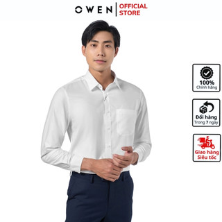 Áo sơ mi trắng nam dài tay OWEN AR221197DT somi công sở cao cấp dáng suông tà lượn có túi vải sợi sồi mềm mát chống nhăn