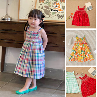  Váy đầm thêu smock bé gái mùa hè linen cao cấp thêu xích móc tiểu thư 2 dây cho bé 1,2,3,4,5,6,7,8,9,10 tuổi Pansy Kids 