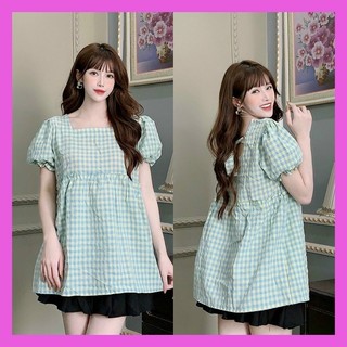 Áo bầu hè babydoll kẻ caro trẻ trung xinh xắn, chất đũi Hàn mềm nhẹ mát - AH45