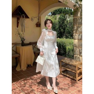 Đầm chéo dây cột nơ phối voan tơ giấy siêu xinh MTB