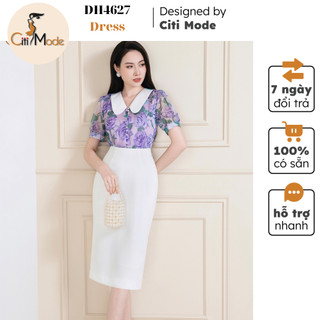Đầm công sở CITI MODE FASHION thiết kế dáng ôm  áo hoa tím cổ sen phối chân trắng DH4627