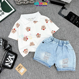 Bộ công tử bé trai họa tiết gấu bò in tràn cổ trụ mix kèm quần bò xanh cào rách siêu xinh cho bé 10-30kg