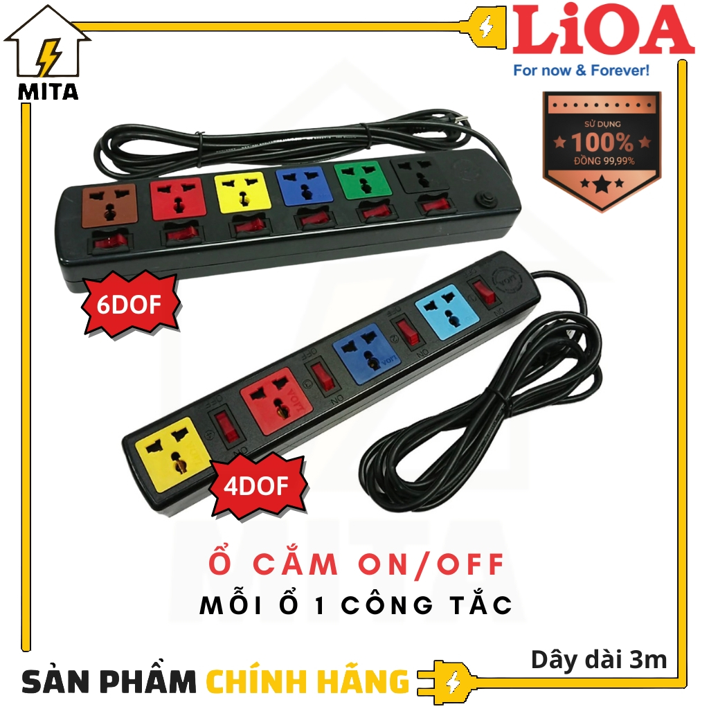 Ổ cắm điện LiOA đa năng 4 lỗ và 6 lỗ mỗi ổ 1 công tắc dây dài 3m 4DOF 6DOF - MITA