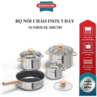 Bộ nồi chảo inox 5 đáy sunhouse shg789 size 16-20-24 bảo hành 12 tháng chính hãng