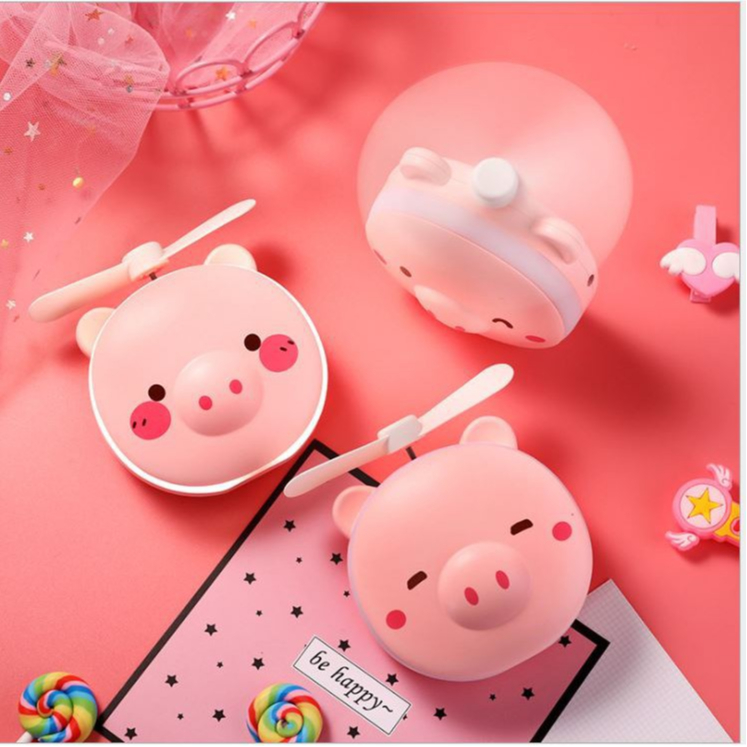 -Quạt Cầm Tay kèm gương trang điểm hình heo siêu xinh
