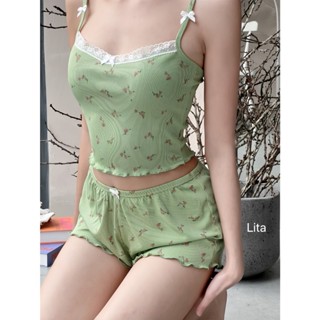 Katy set - set ngủ, bộ mặc nhà chất thun tăm họa tiết hoa nhí áo 2 dây phối ren quần đùi