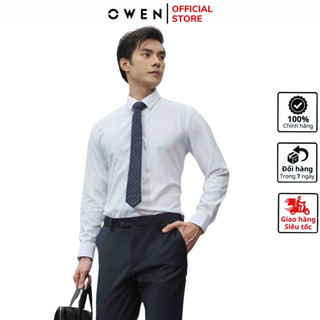 Áo sơ mi trắng nam dài tay OWEN AS221199D somi công sở cao cấp dáng ôm tà lượn không túi vải sợi sồi mềm mát chống nhăn
