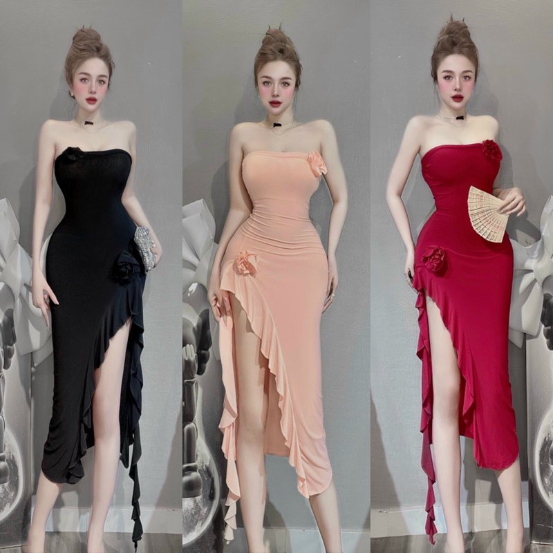 ĐẦM ỐNG CÚP NGỰC XẺ TÀ CHÂN BÈO ĐÍNH HOA DÁNG DÀI