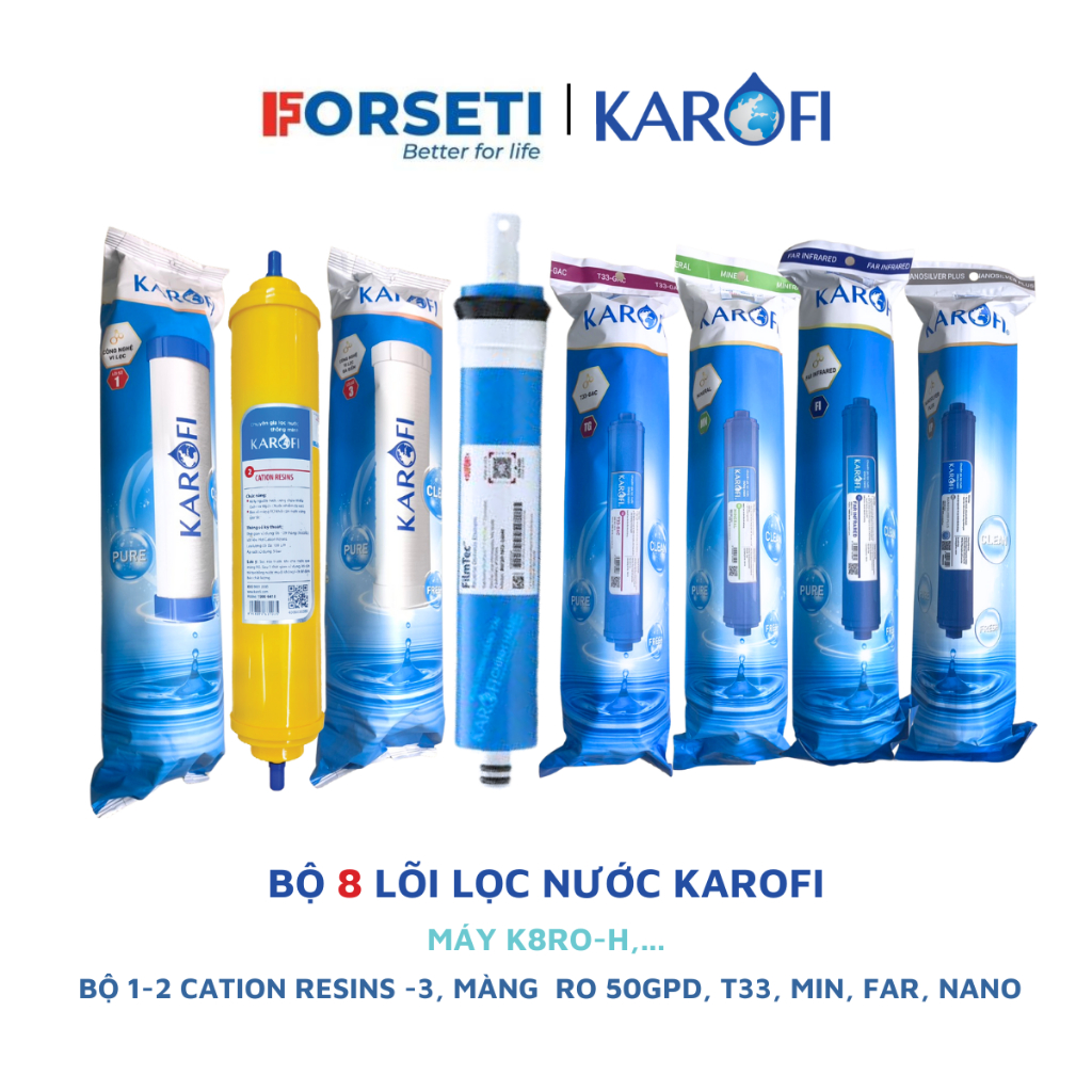 Bộ 8 lõi lọc nước Karofi chính hãng dùng cho máy lọc nước Karofi K8RO-H,... (12CationT333 RO50 5678)