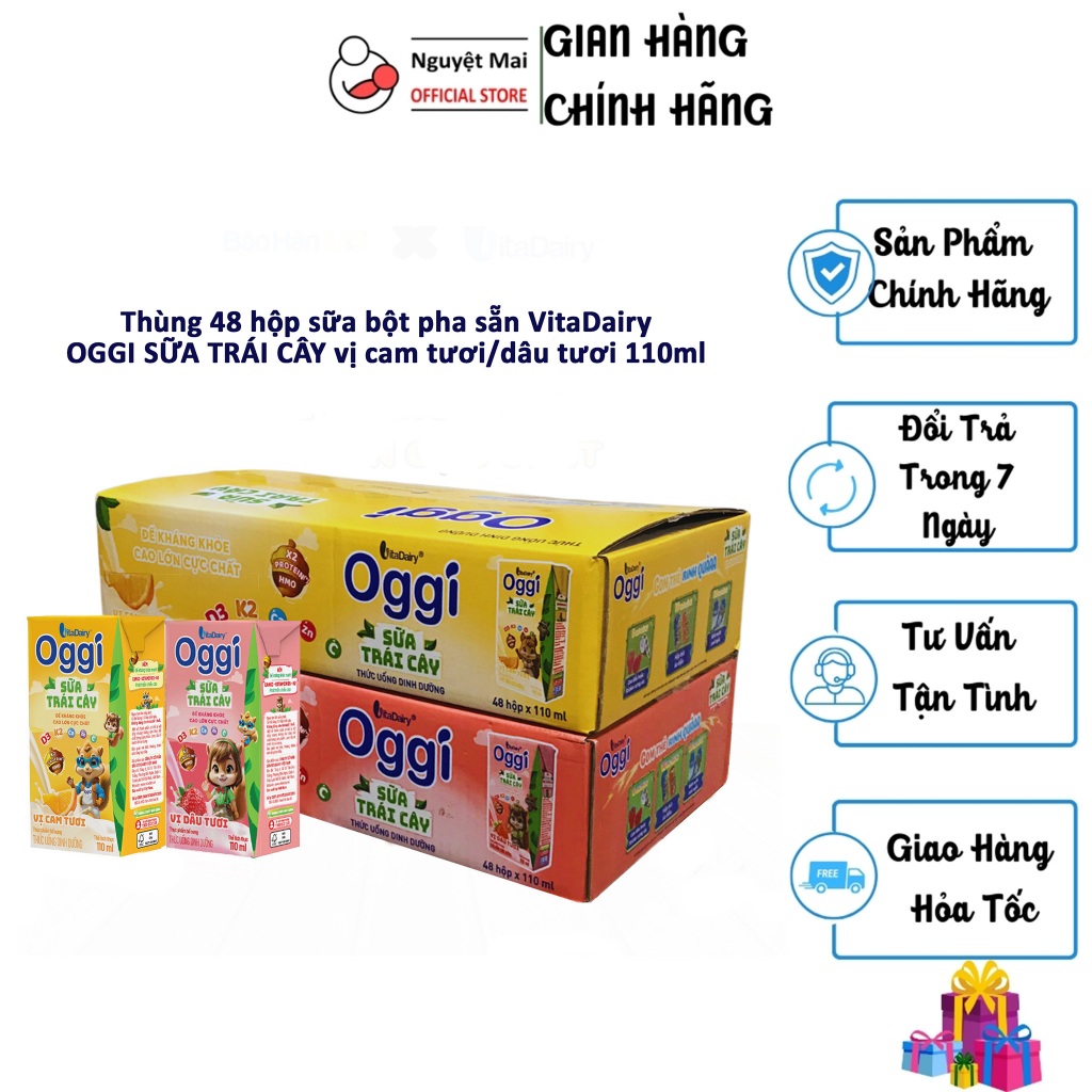 Thùng 48 hộp Sữa trái cây/ sữa chua uống VitaDairy Oggi vị cam tươi/ dâu tươi 110ml