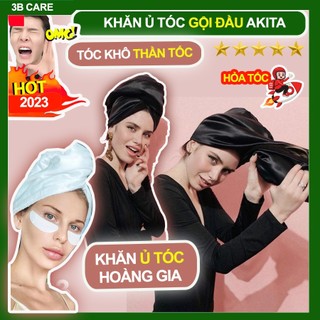 Khăn ủ tóc AKITA 2 lớp vải satin lót nhung san hô mềm mại thấm hút tốt, khăn gội đầu lau khô siêu tốc 63x25cm, 3bcare