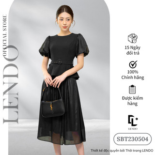 Sét Bộ Công Sở LENDO SBT230504 Áo Peplum Tay Ngắn Bồng Cổ Tròn Kèm Đai Chân Váy Midi Dáng Xòe Xếp Ly