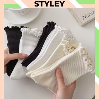 Tất nữ cổ cao chất cotton mềm mại thoáng mát, Vớ nữ cổ bèo viền nhún phong cách hàn quốc cute dễ thương Style P012