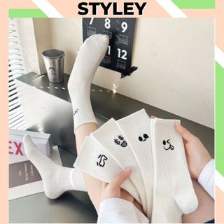 Combo 5 đôi Tất nữ trắng cổ cao chất cotton thoáng mát, Vớ nữ kẻ sọc họa tiết cute dễ thương phụ kiện thời trang P013