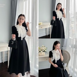 Đầm váy nữ dáng xòe thanh lịch họa tiết xòe bèo trước ngực cột nơ xinh xắn tôn dáng trẻ trung đi chơi quý phái