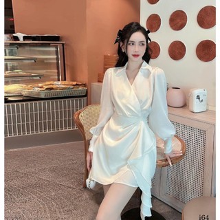 Váy lụa chiết eo siêu tôn dáng tay bo đính ngọc trai