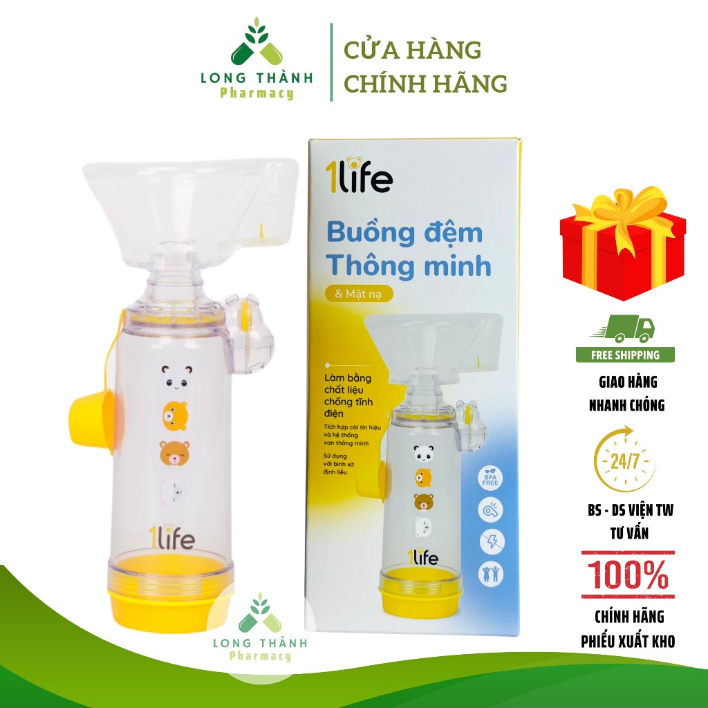 Buồng đệm Thông minh &amp; Mặt nạ 1Life Smart Spacer for Aerosol cho bé - Buồng hít hen suyễn cho bé 1-5 tuổi ( Hộp 1 cái )