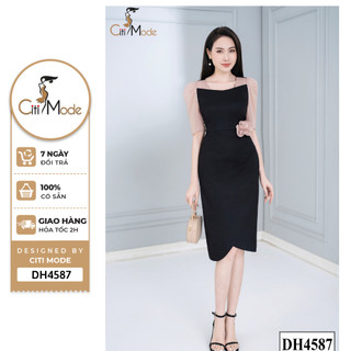 Đầm công sở CITI MODE FASHION thiết kế dáng ôm đen nhún hông phối tay voan DH4587