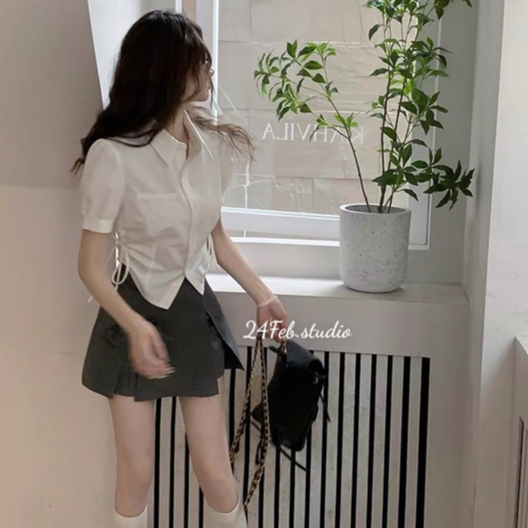 [SET05] [Sẵn hàng] Set áo sơ mi croptop rút eo kèm chân váy phối nơ phong cách Loli Hàn Quốc | BigBuy360 - bigbuy360.vn