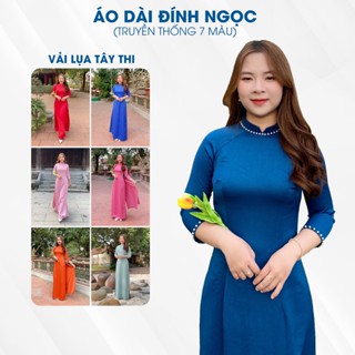 Áo dài nữ Đính Kết Hạt Ngọc thủ công hiện đại truyền thống 2 tà may sẵn, áo dài Khánh Huyền màu đỏ, xanh, hồng, cam