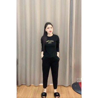 Sét bộ nữ chất  thun tăm áo dài tay thêu chữ miu miu cổ tròn kèm quần dài