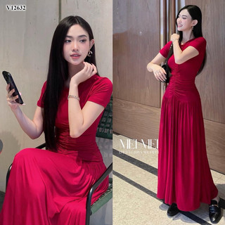 Đầm body tay ngắn nhún hông dáng dài larong