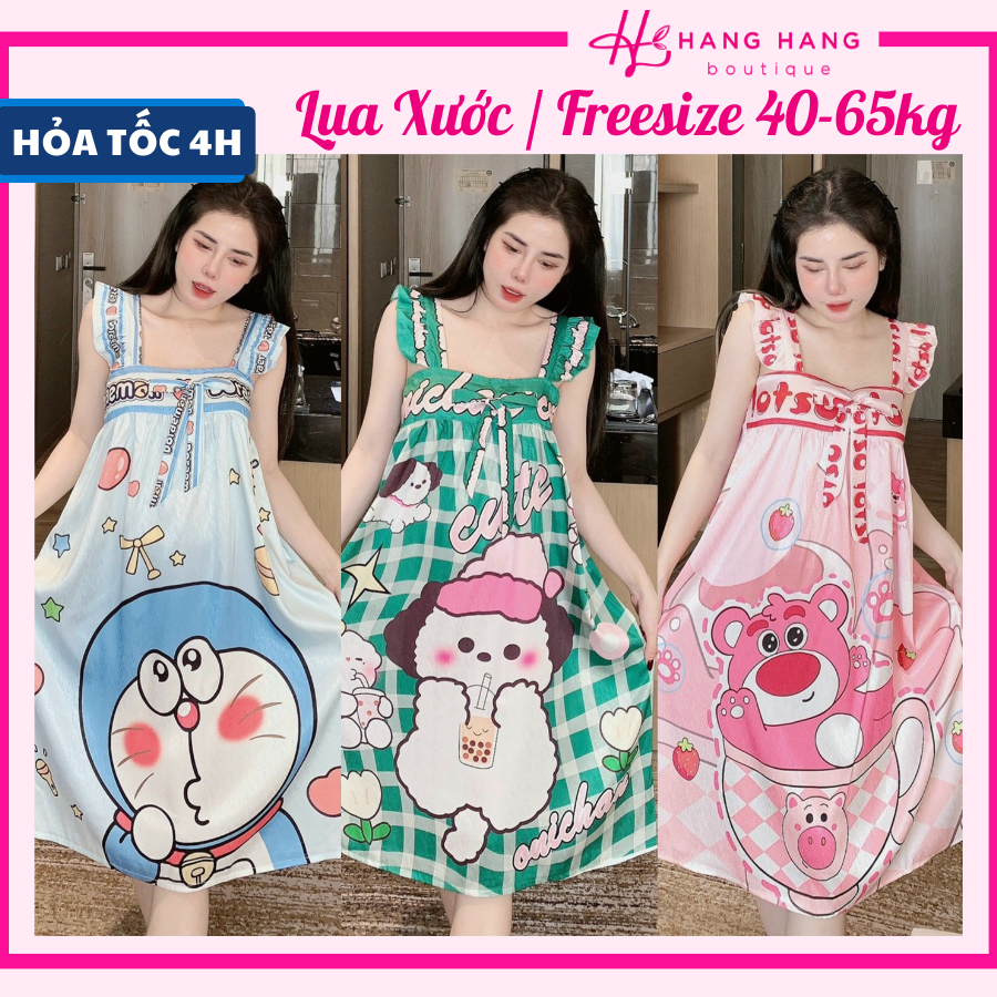 Đầm váy ngủ 2 dây cánh tiên nơ lụa xước dáng rộng 40-65kg, đầm váy ngủ lụa cute gấu dâu dễ thương bầu bì mặc nhà xinh