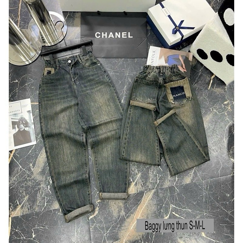 Quần Bò Baggy Jeans Lưng Chun Phối Túi Thêu Chữ Rancis, Quần Bò Jeans Cạp Lưng Cao Phong Cách Ulzzang