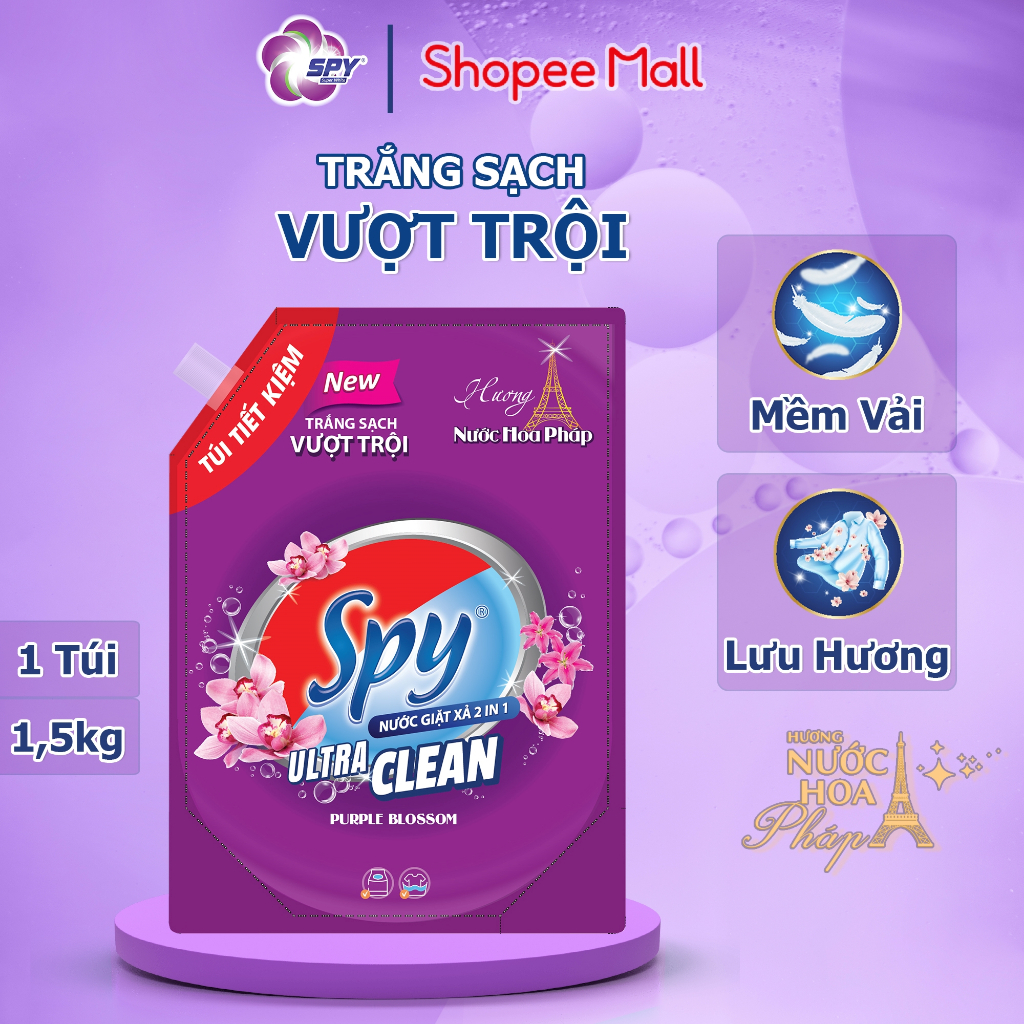 Túi nước giặt xả 1,5kg SPY Ultra Clean hương nước hoa Pháp trắng sạch, thơm lâu