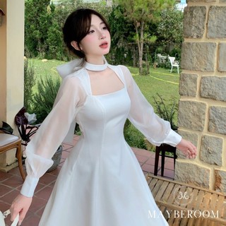  Váy đầm chéo dày phối voan tơ giấy chết eo dáng dài cổ buộc nơ tiểu thư thanh lịch 