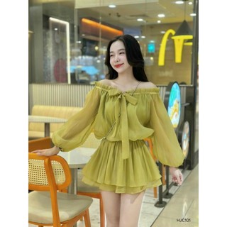 Jumpsuit đùi nữ chất voan tơ tay dài kiểu bẹt vai cột nơ thiết kế trẻ trung xinh xắn