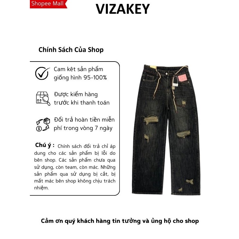 Quần jean ống rộng VIZAKEY cạp cao rách gối có dây rút phong cách đường phố cá tính cho nữ 8739